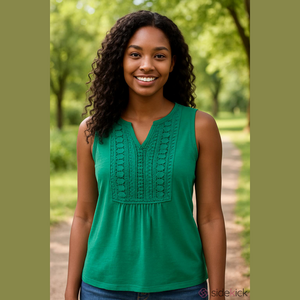 Talbots 2XP Sleeveless Tank Top Green 100% COTTON. Crochet detail on top Preworn